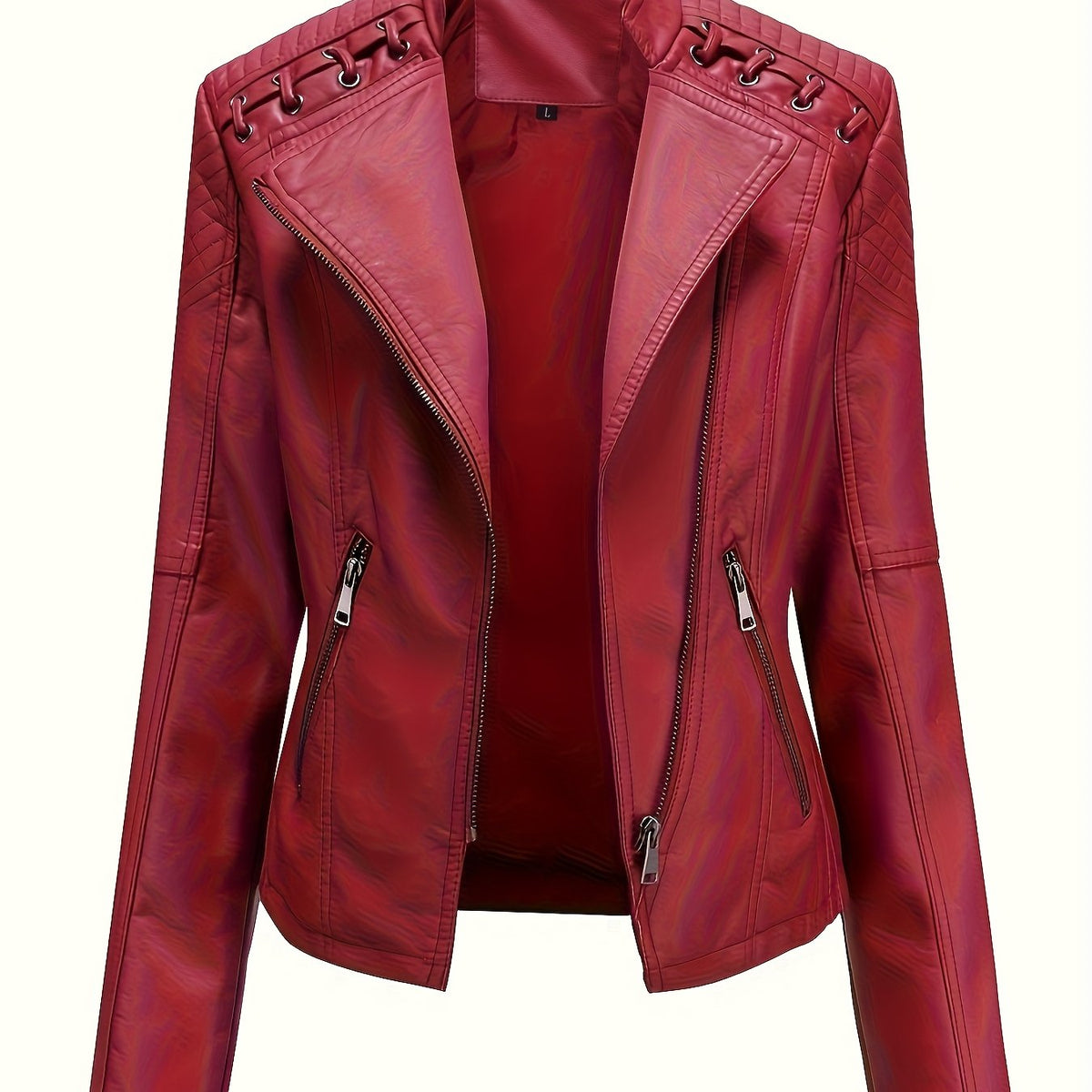 Chaqueta biker de mujer, cazadora corta efecto piel con cremallera asimétrica, solapas y cordones con ojales en los homb