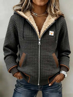 Chaqueta de exterior cálida retro para mujer con estampado de cuadros y doble cuello