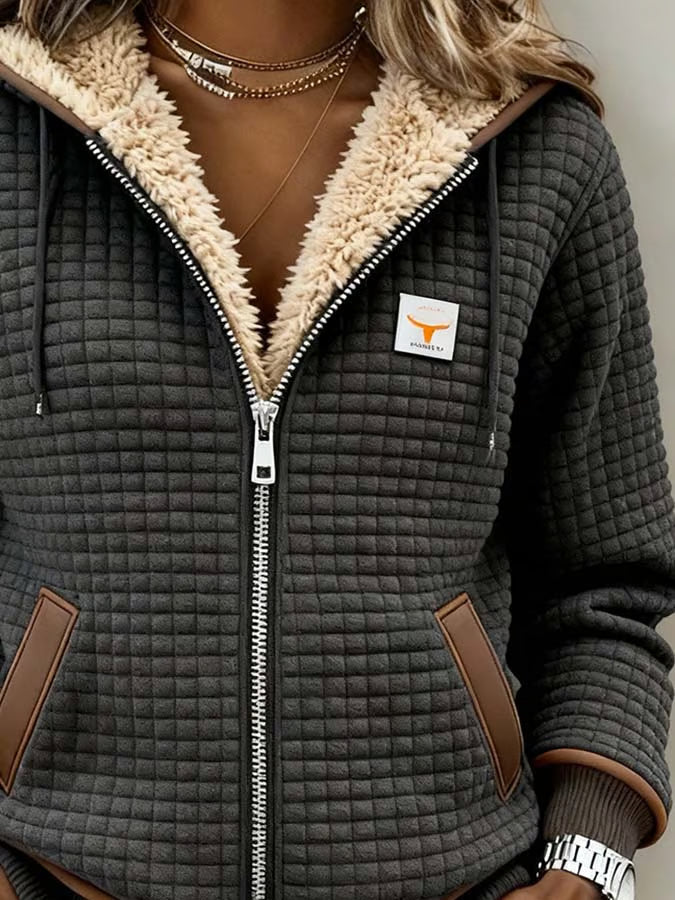 Chaqueta de exterior cálida retro para mujer con estampado de cuadros y doble cuello