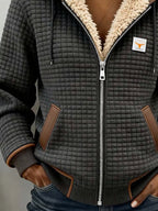 Chaqueta de exterior cálida retro para mujer con estampado de cuadros y doble cuello