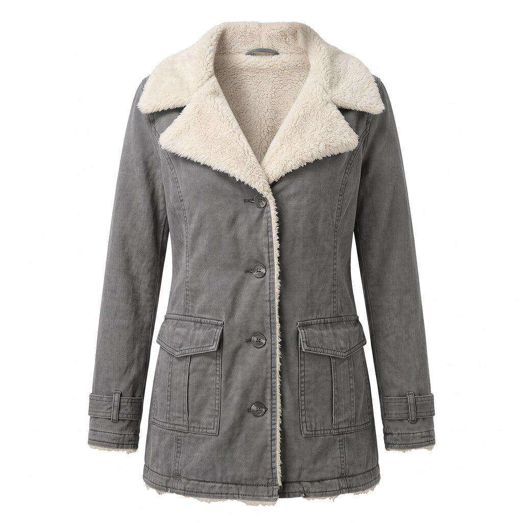 Chaqueta de mujer con forro polar, solapa ancha y cierre de botones para invierno