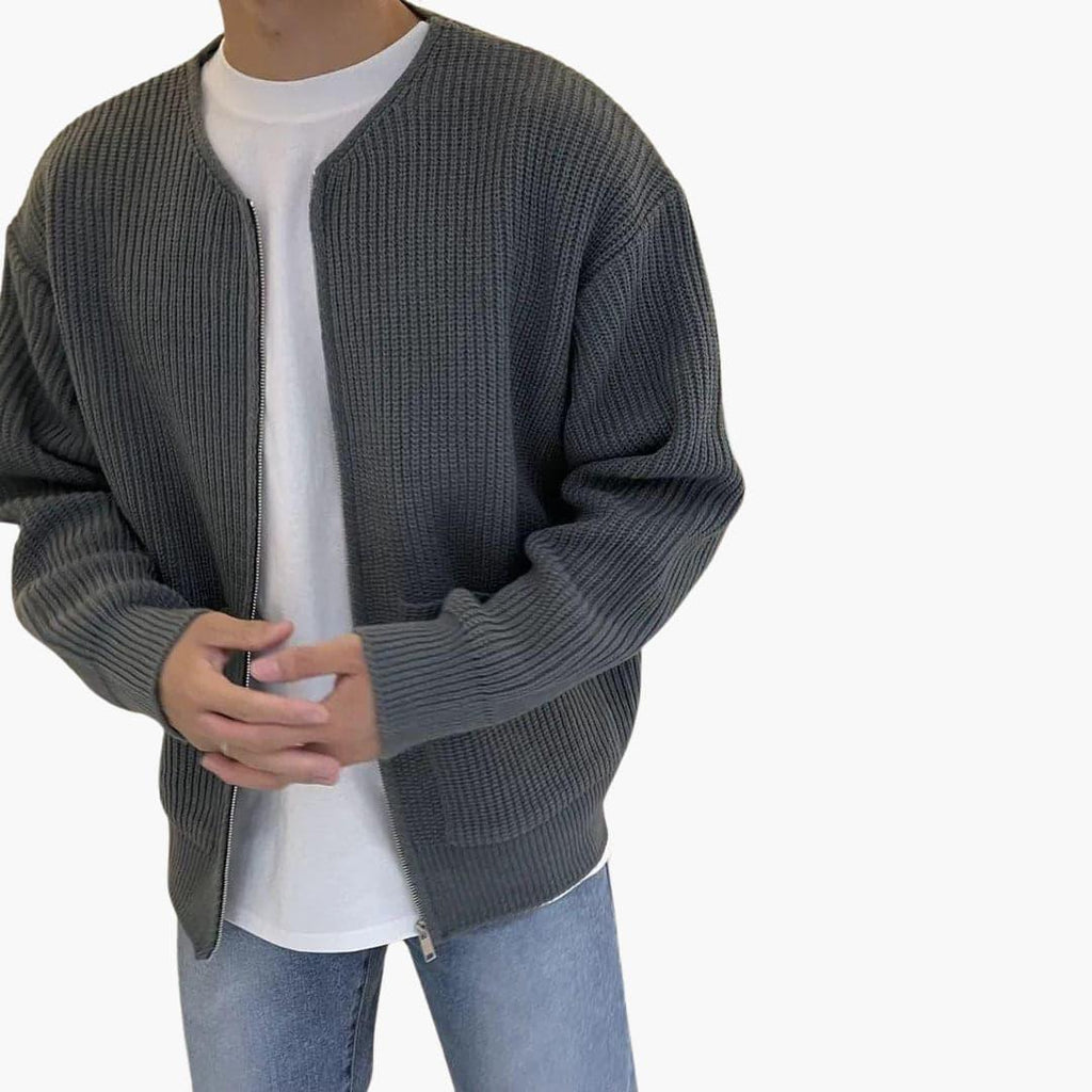 Chaqueta de punto con cremallera para hombre, cuello redondo sin solapa y dos bolsillos de parche, 5 colores, tallas XS 