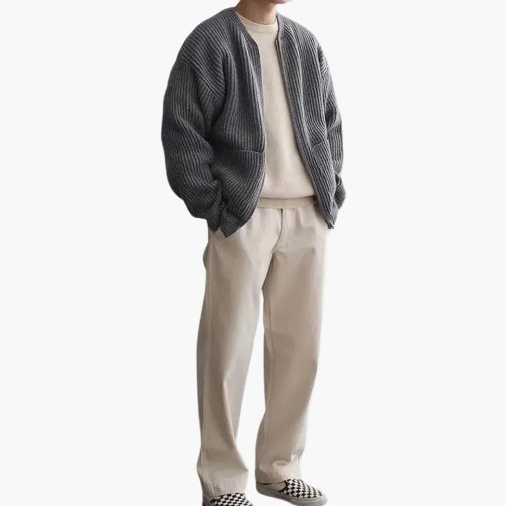 Chaqueta de punto con cremallera para hombre, cuello redondo sin solapa y dos bolsillos de parche, 5 colores, tallas XS 