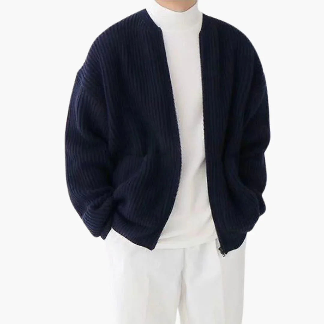 Chaqueta de punto con cremallera para hombre, cuello redondo sin solapa y dos bolsillos de parche, 5 colores, tallas XS 