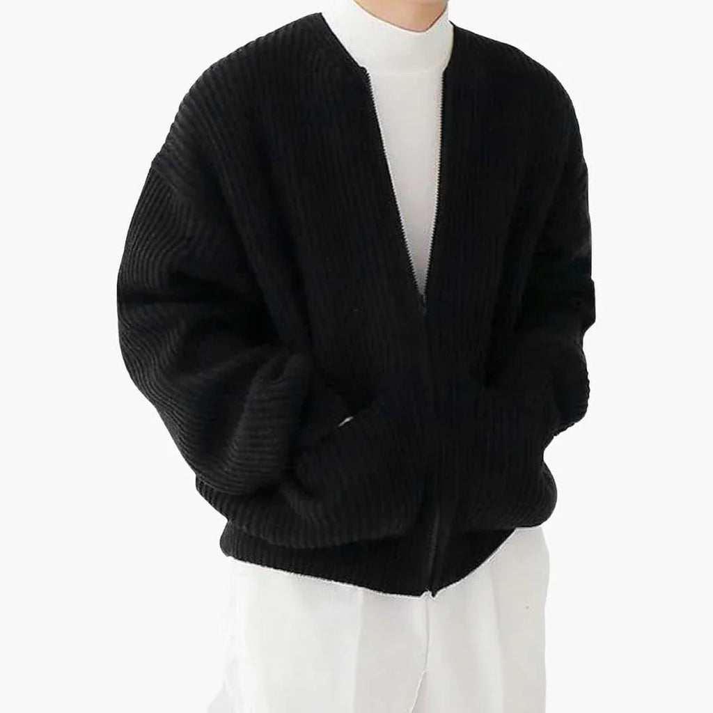 Chaqueta de punto con cremallera para hombre, cuello redondo sin solapa y dos bolsillos de parche, 5 colores, tallas XS 