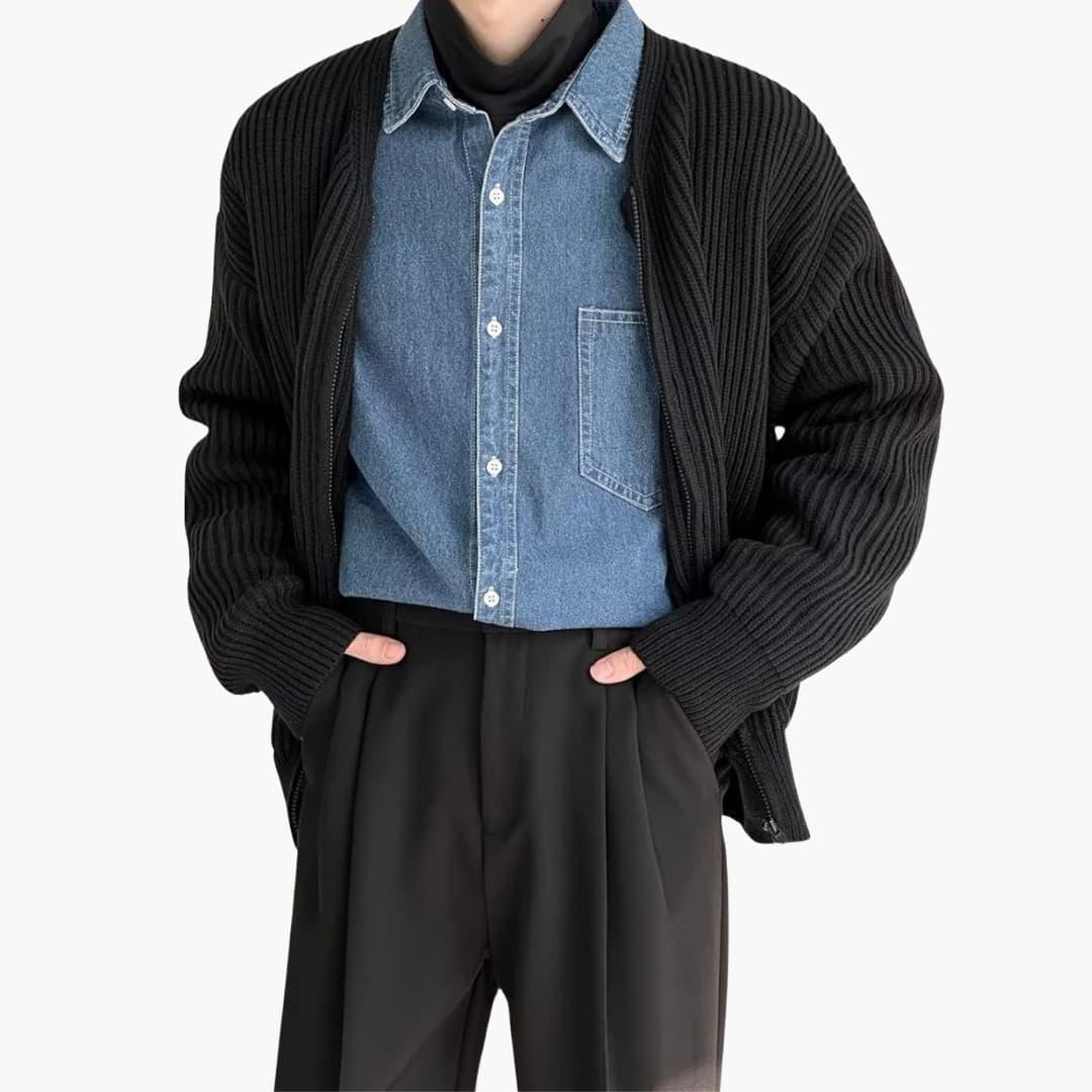 Chaqueta de punto con cremallera para hombre, cuello redondo sin solapa y dos bolsillos de parche, 5 colores, tallas XS 