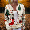 Chaqueta de punto navideña para mujer con patrón de renos y árboles de Navidad