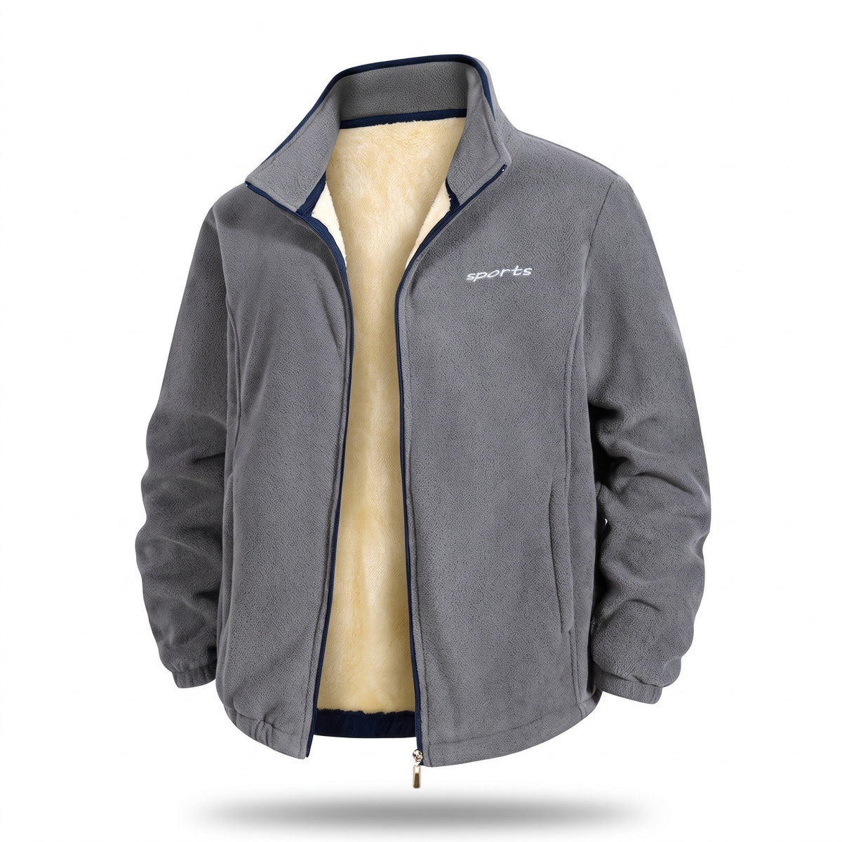 Chaqueta de forro polar con forro interior de lana de cordero para hombre, cuello alto cortavientos
