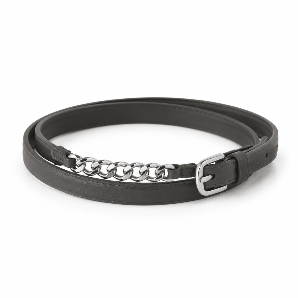Cinturón gris carbón con detalle de cadena de piel vegana