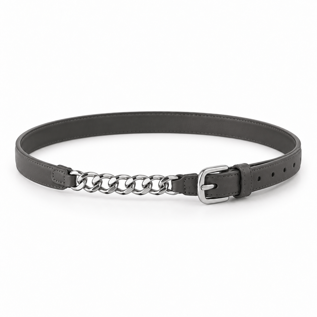 Cinturón gris carbón con detalle de cadena de piel vegana