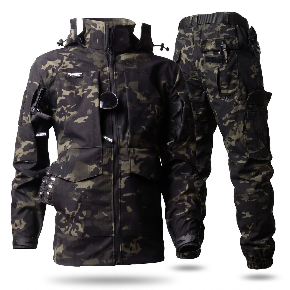 Conjunto de chaqueta y pantalón de camuflaje para hombre con paneles de malla y múltiples bolsillos