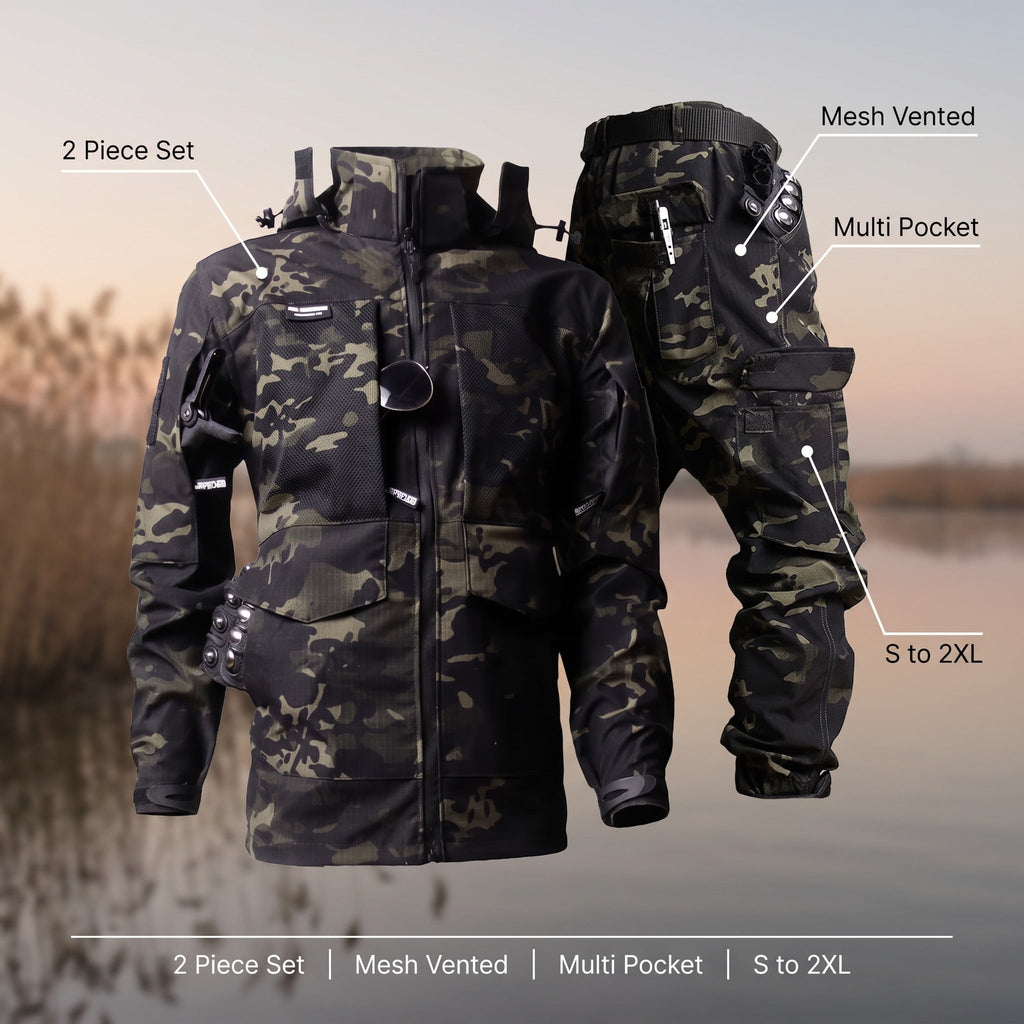 Conjunto de chaqueta y pantalón de camuflaje para hombre con paneles de malla y múltiples bolsillos