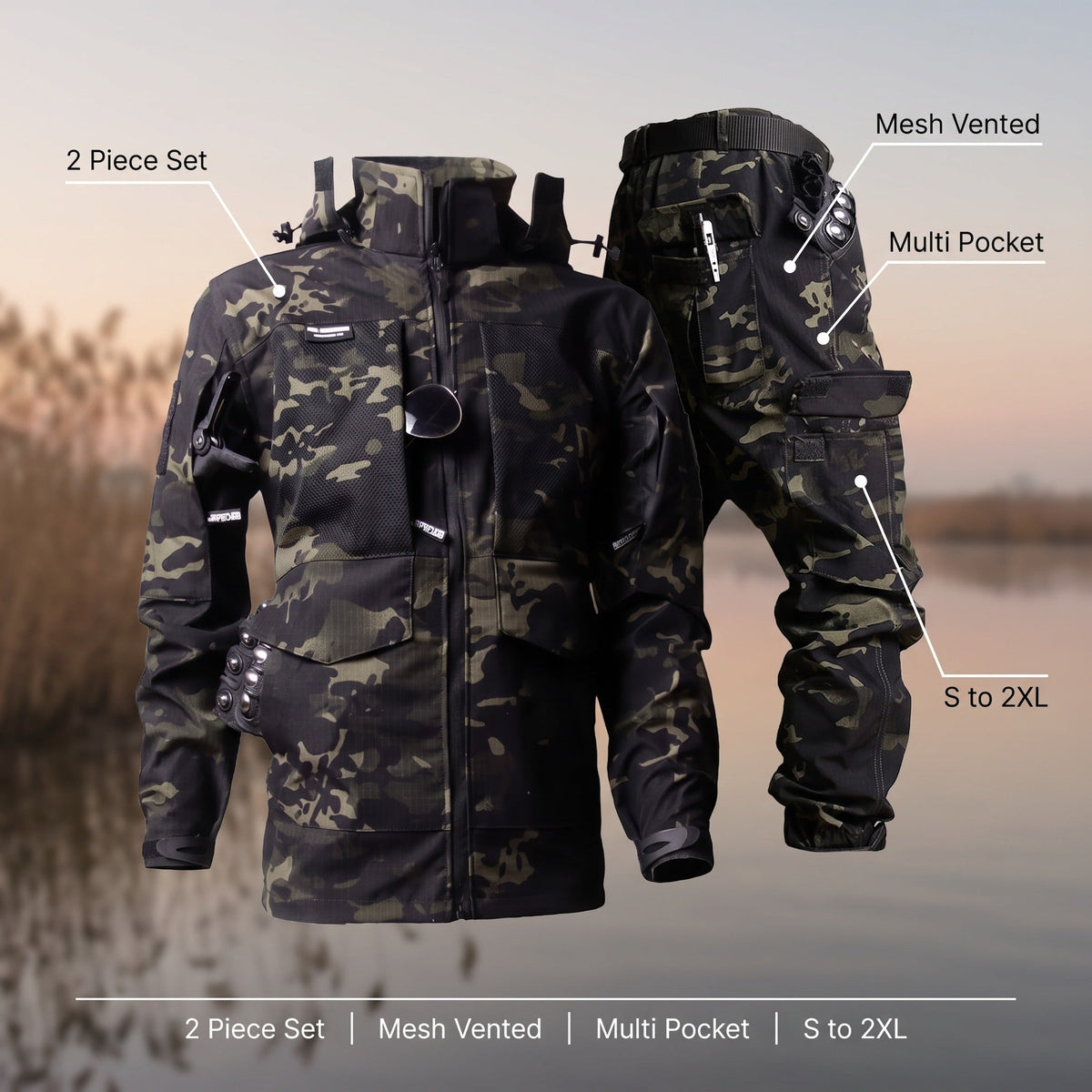 Conjunto de chaqueta y pantalón de camuflaje para hombre con paneles de malla y múltiples bolsillos
