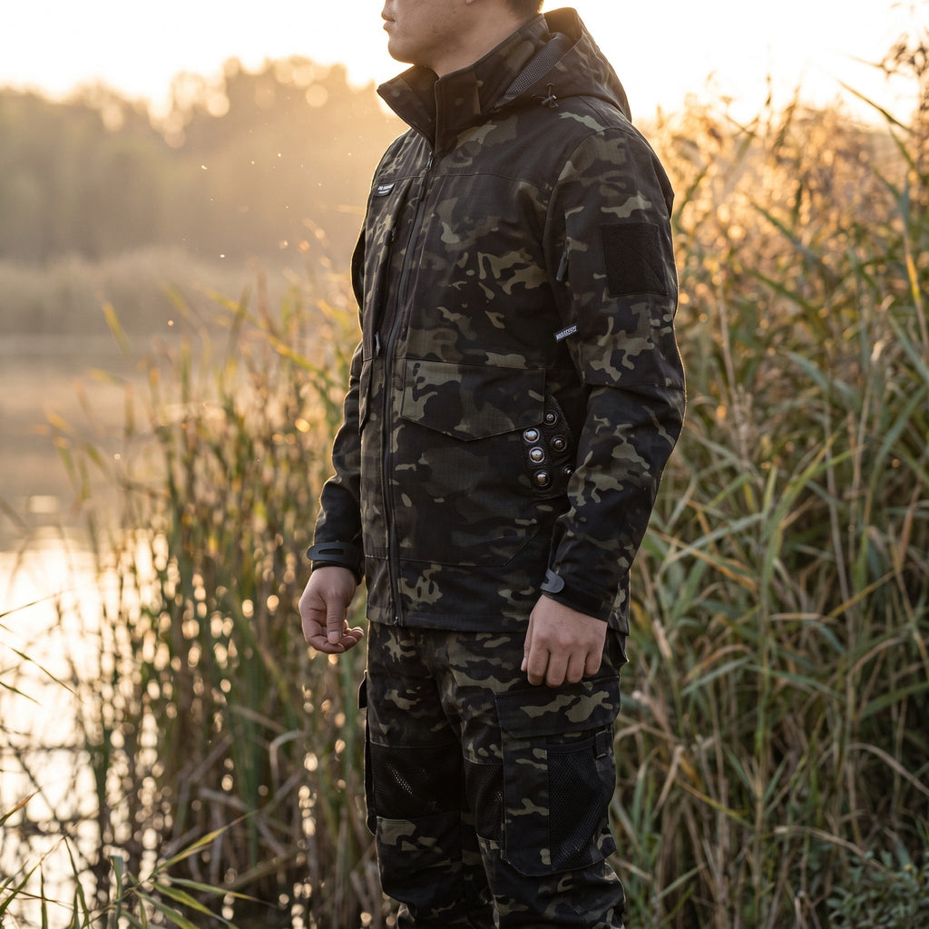 Conjunto de chaqueta y pantalón de camuflaje para hombre con paneles de malla y múltiples bolsillos
