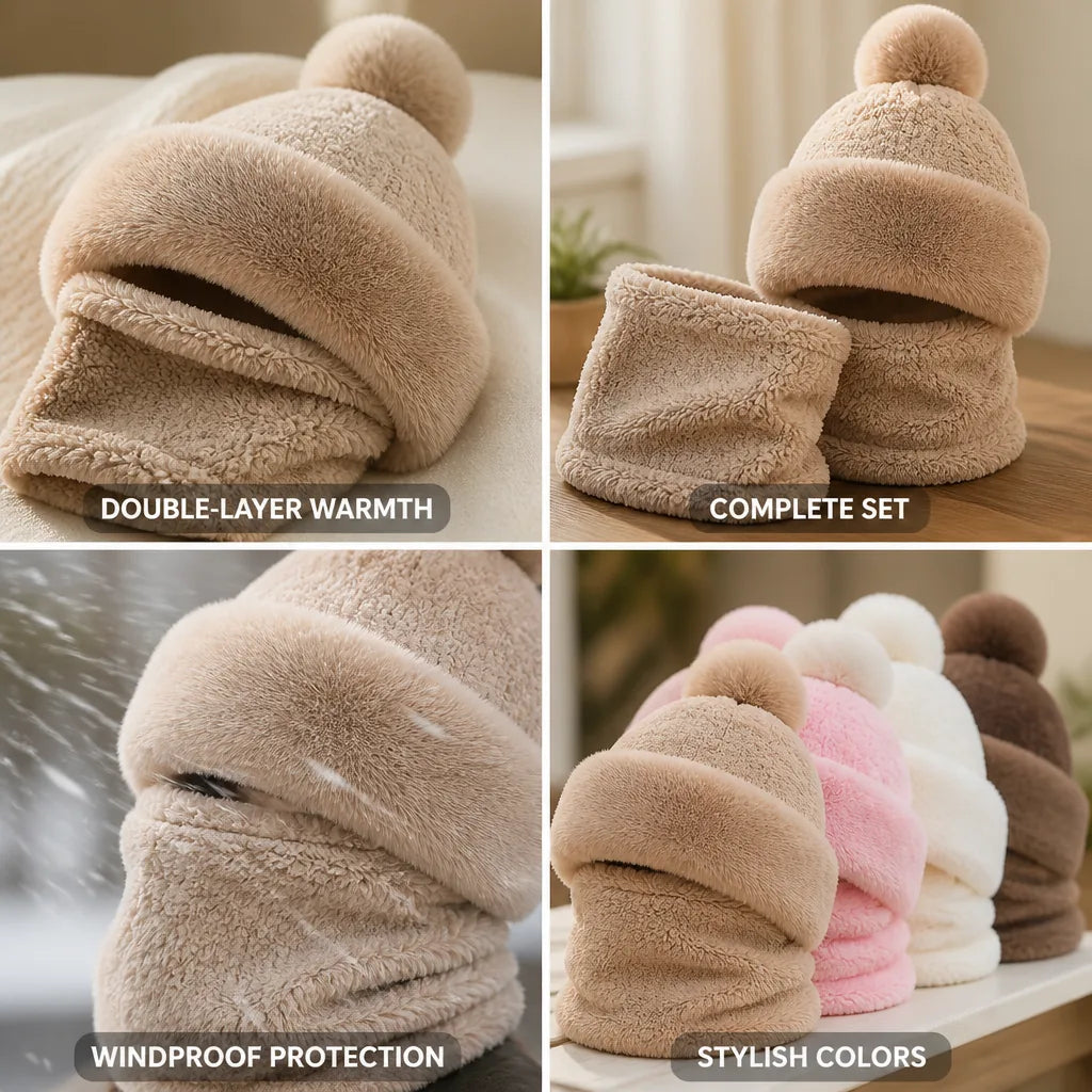 Conjunto de gorro y bufanda de doble capa de felpa cortaviento