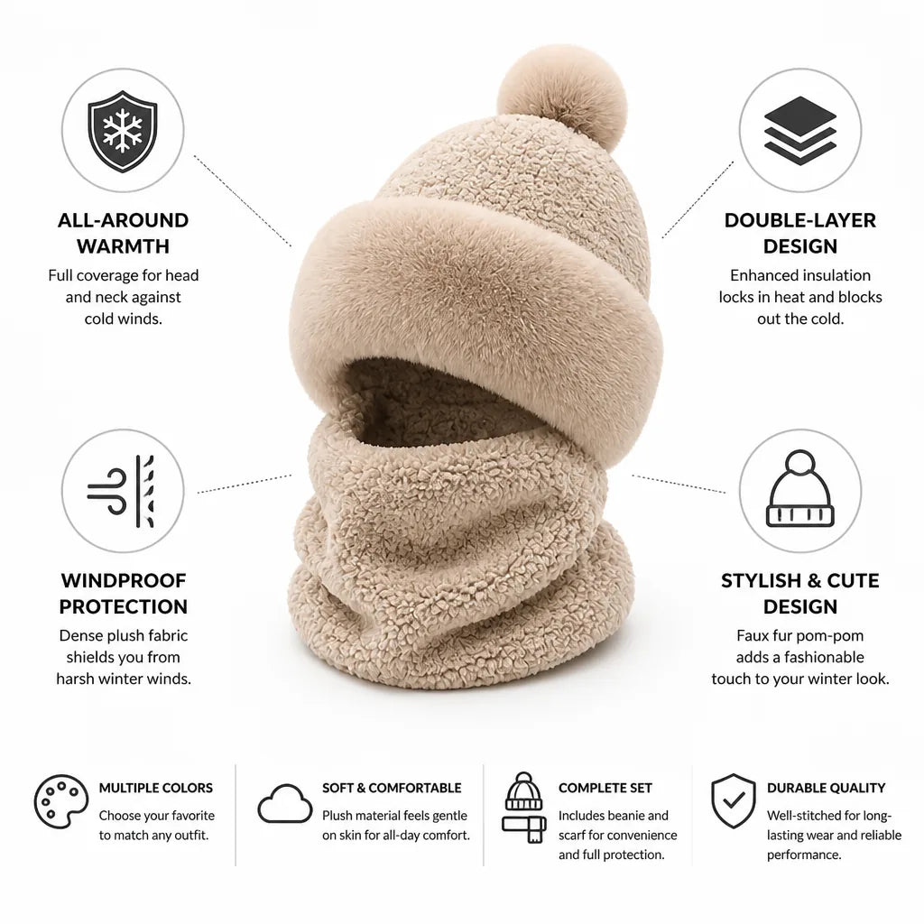 Conjunto de gorro y bufanda de doble capa de felpa cortaviento