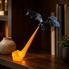 Decoración dragón volador con llama, efecto de fuego iluminado, habitaciones de fantasía