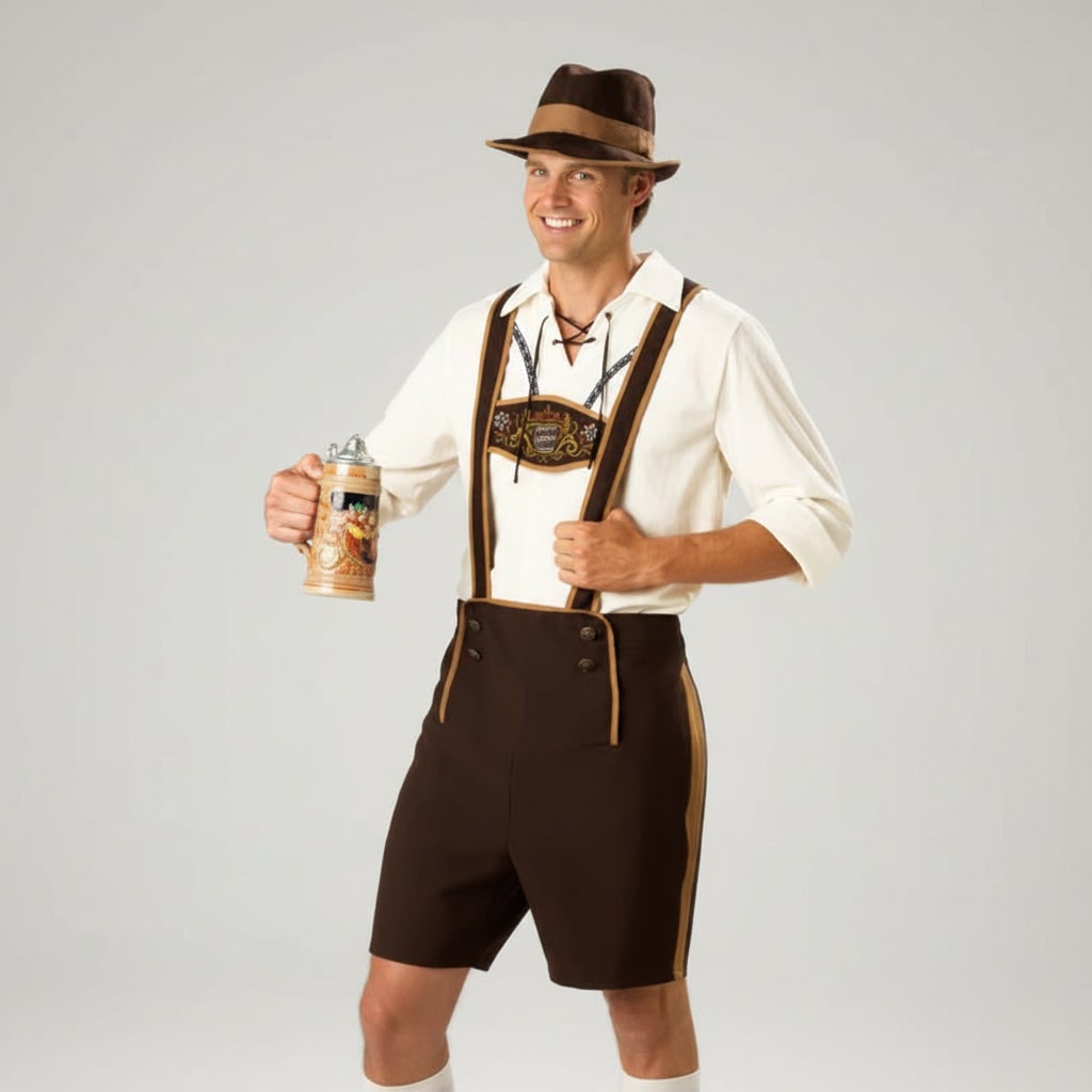 Traje tradicional bávaro de fiesta para hombre con pantalones cortos y blusa