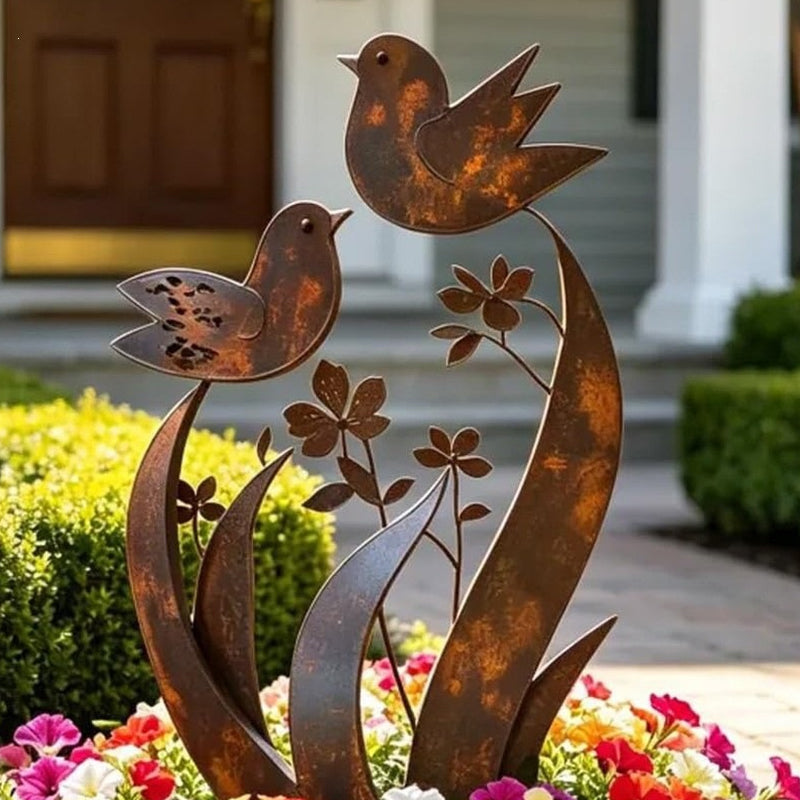Estaca decorativa de jardín con silueta de pájaros y flores en hierro envejecido