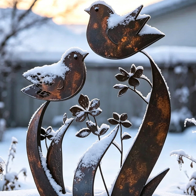 Estaca decorativa de jardín con silueta de pájaros y flores en hierro envejecido