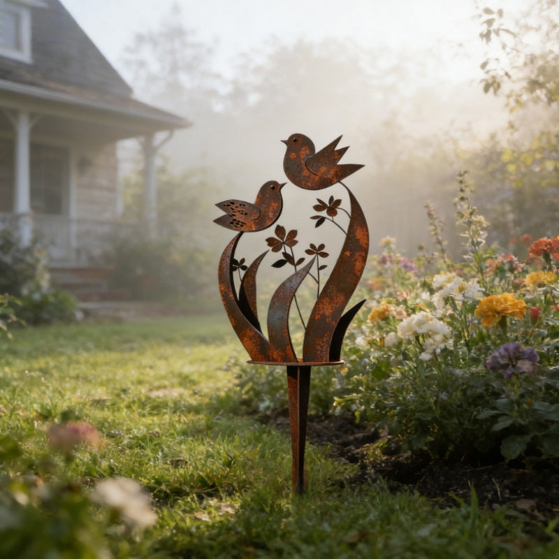 Estaca decorativa de jardín con silueta de pájaros y flores en hierro envejecido