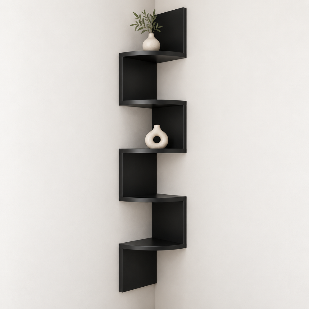 Estantería de esquina de pared moderna con diseño que ahorra espacio