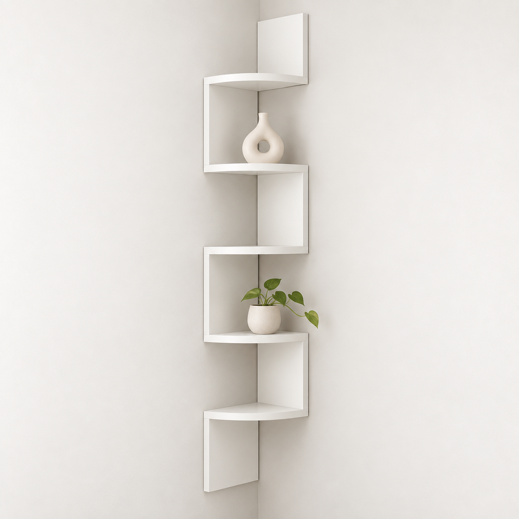 Estantería de esquina de pared moderna con diseño que ahorra espacio