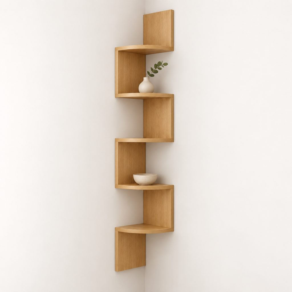 Estantería de esquina de pared moderna con diseño que ahorra espacio