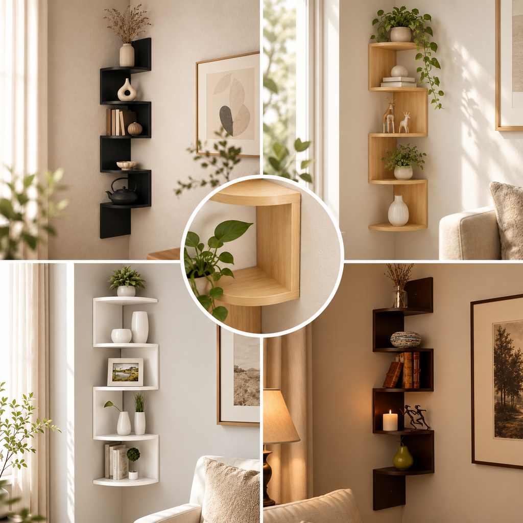 Estantería de esquina de pared moderna con diseño que ahorra espacio