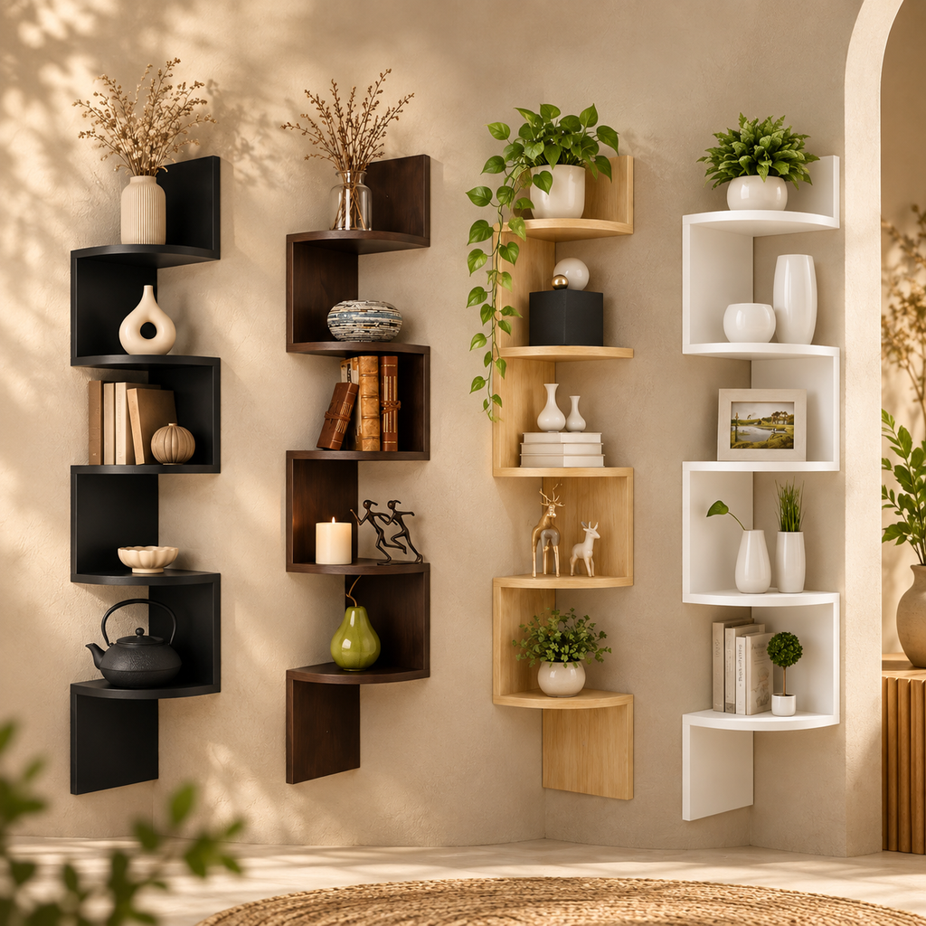 Estantería de esquina de pared moderna con diseño que ahorra espacio