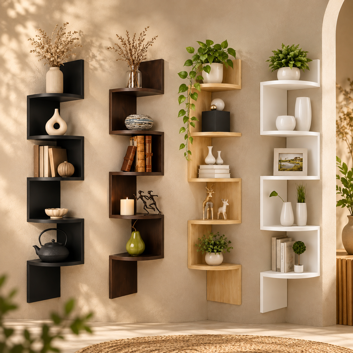 Estantería de esquina de pared moderna con diseño que ahorra espacio