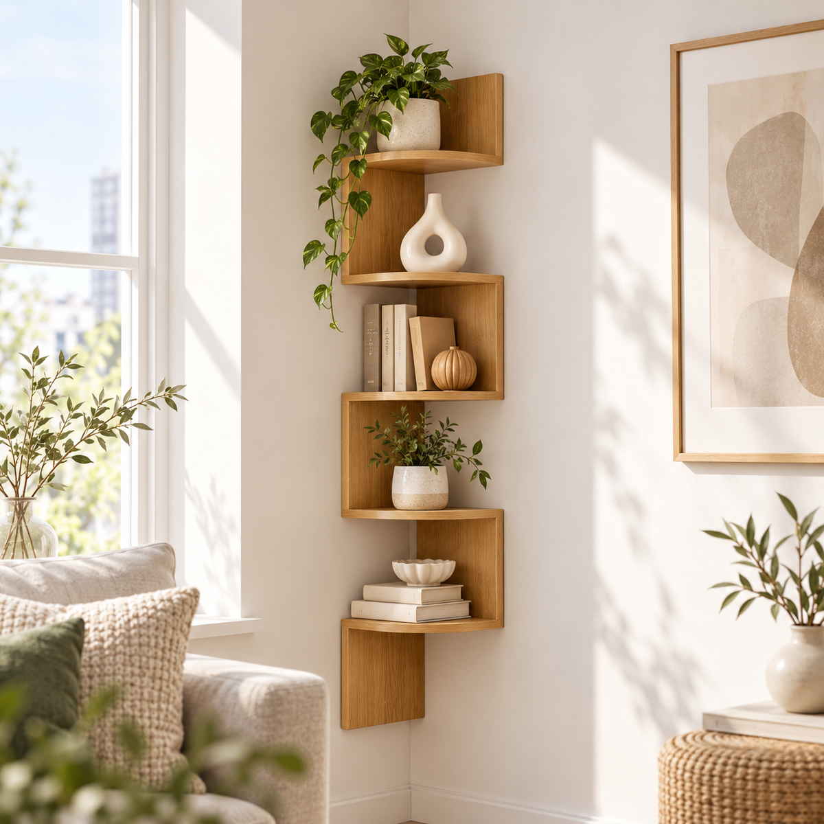 Estantería de esquina de pared moderna con diseño que ahorra espacio