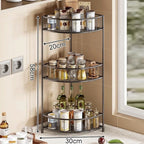 Estantería de esquina de tres niveles con barandillas elevadas y estantes de malla para cocina