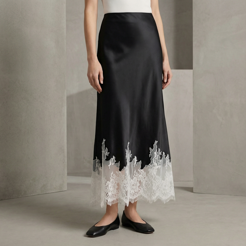 Falda lencera de satén Sofia con ribete transparente para mujer – Corte elegante de largo medio