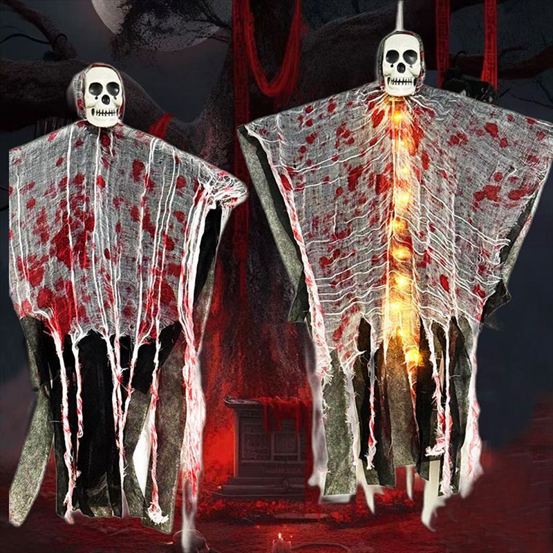 Fantasma colgante de Halloween con calavera, luces LED y gasa manchada de sangre, decoración para puerta, árbol e interi