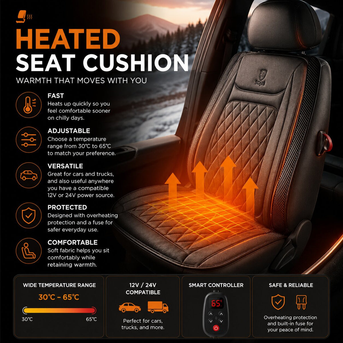 Funda de asiento de coche con calefacción y control de temperatura