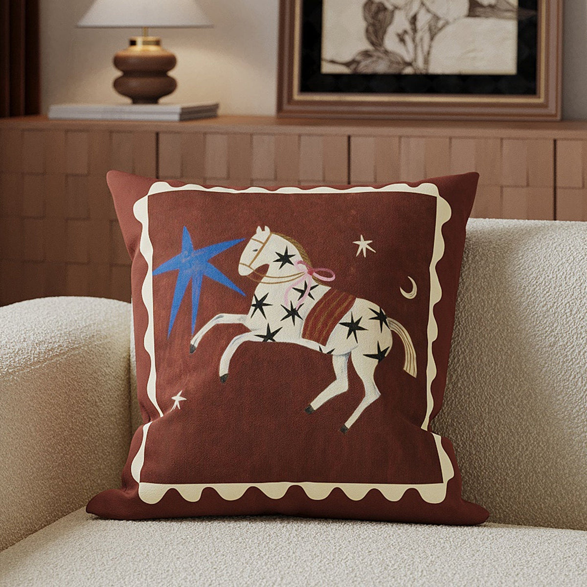Funda de cojín cuadrada decorativa de algodón y lino con ilustración de caballo y cremallera oculta
