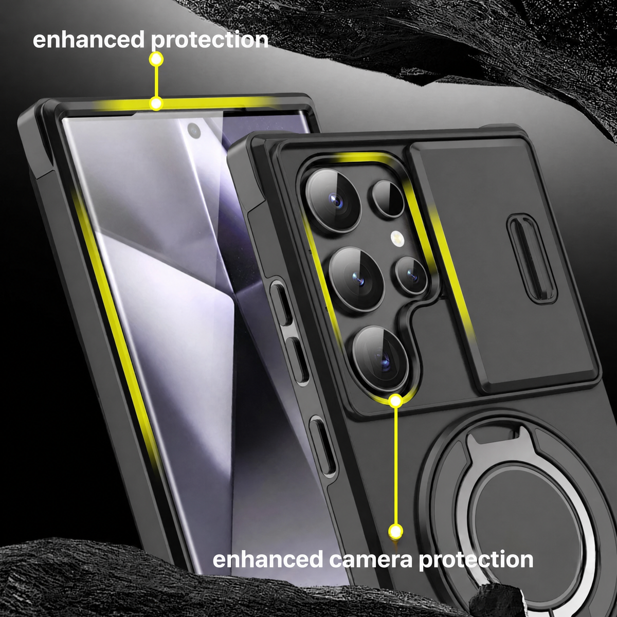 Funda para Samsung Galaxy Serie S con anillo magnético, soporte y tapa deslizante para cámara, antigolpes y compatible c