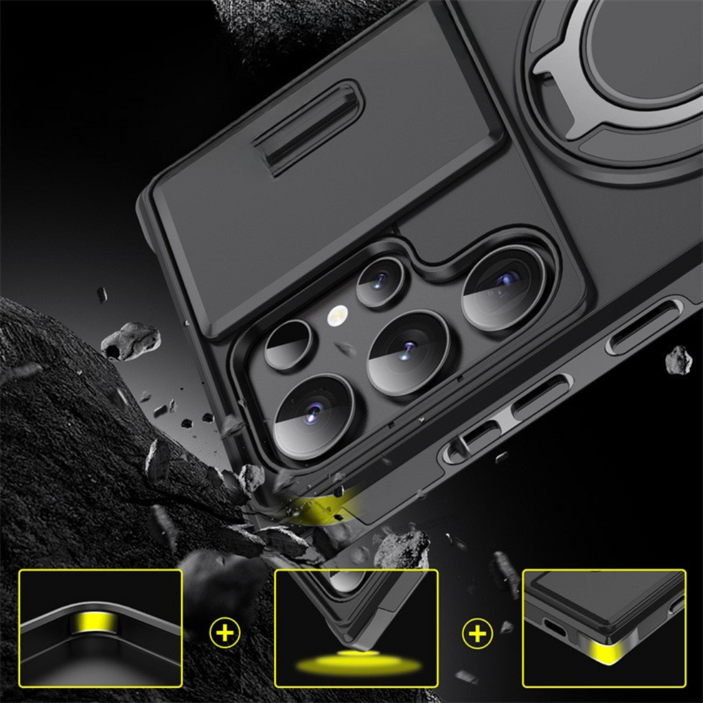 Funda para Samsung Galaxy Serie S con anillo magnético, soporte y tapa deslizante para cámara, antigolpes y compatible c
