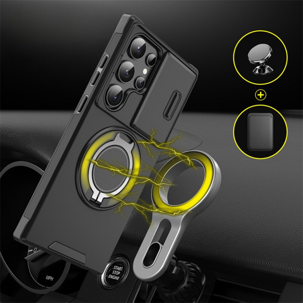 Funda para Samsung Galaxy Serie S con anillo magnético, soporte y tapa deslizante para cámara, antigolpes y compatible c