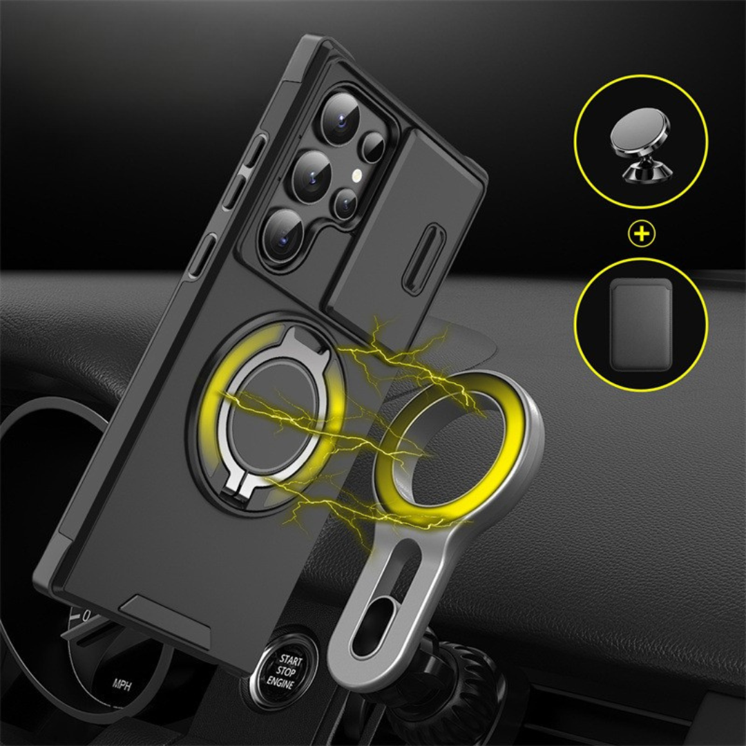 Funda para Samsung Galaxy Serie S con anillo magnético, soporte y tapa deslizante para cámara, antigolpes y compatible c