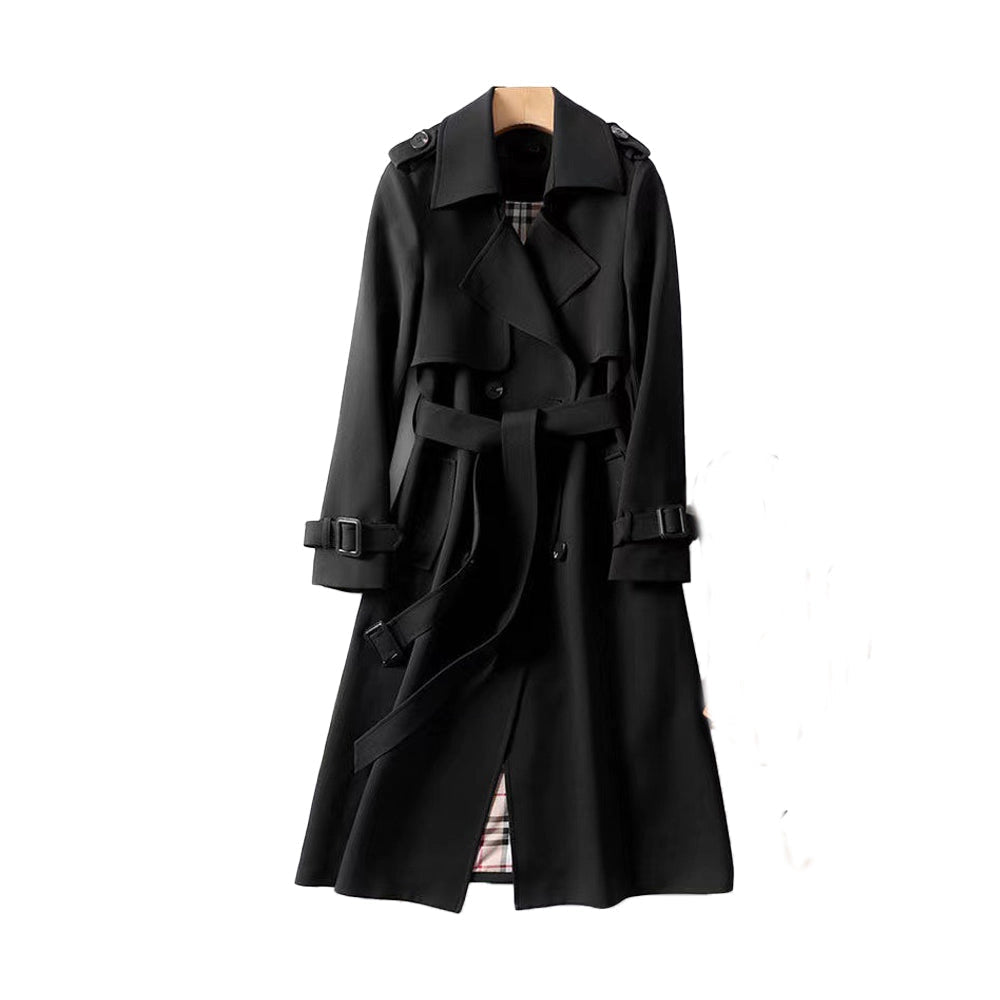 Gabardina de mujer larga cruzada con cinturón, hombreras y forro de cuadros, trench clásica en 7 colores, tallas XS a 3X