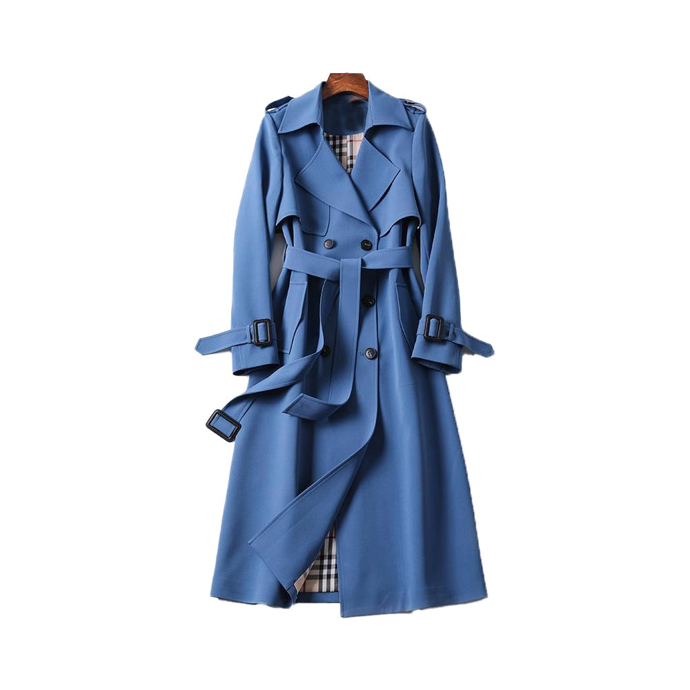 Gabardina de mujer larga cruzada con cinturón, hombreras y forro de cuadros, trench clásica en 7 colores, tallas XS a 3X