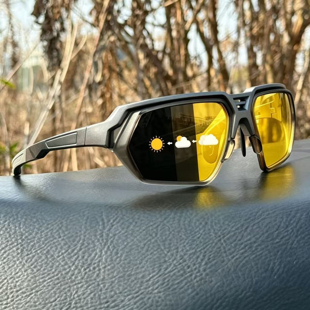 Gafas de sol deportivas fotocromáticas polarizadas con lentes de visión nocturna mejorada y montura envolvente táctica