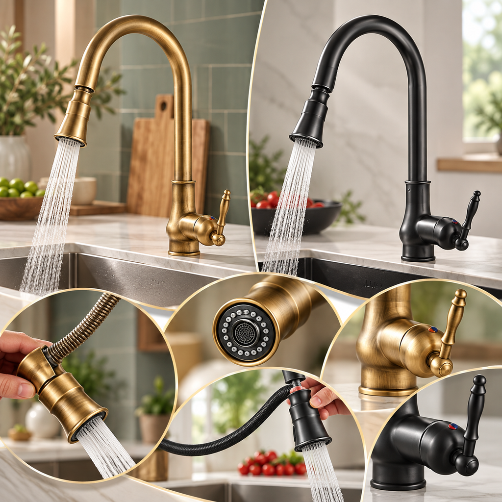 Grifo de cocina extraíble con rociador flexible y diseño abatible