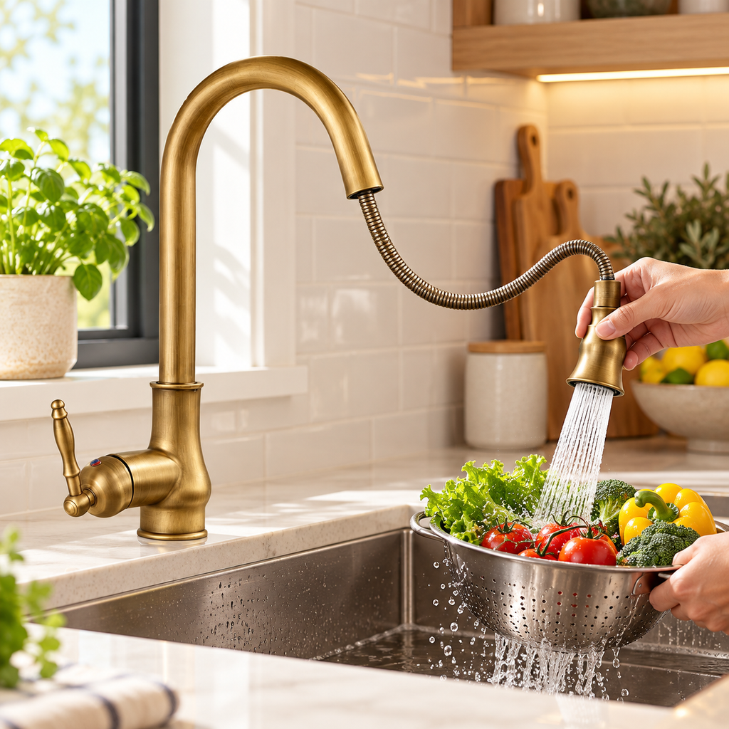 Grifo de cocina extraíble con rociador flexible y diseño abatible