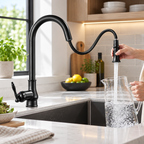 Grifo de cocina extraíble con rociador flexible y diseño abatible