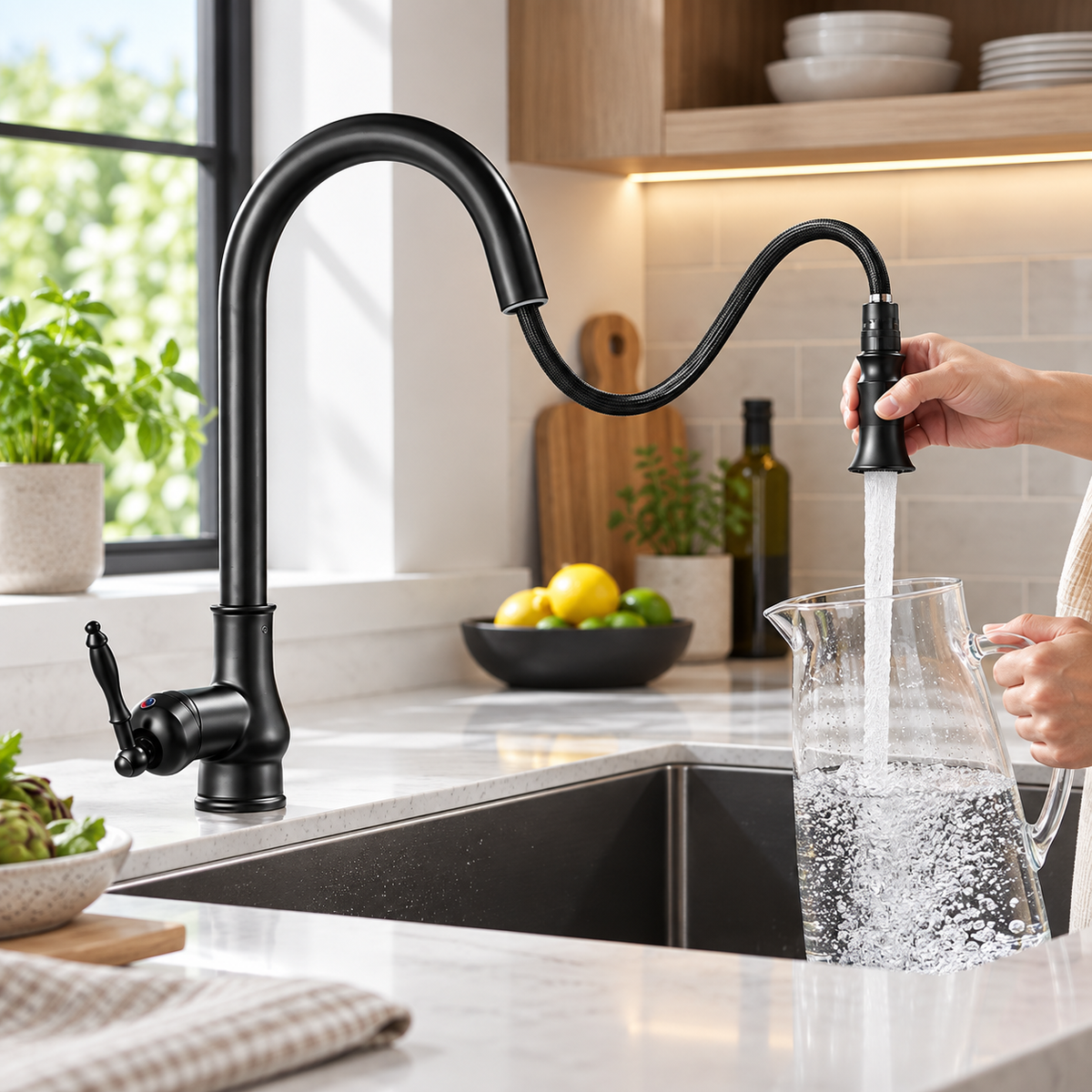 Grifo de cocina extraíble con rociador flexible y diseño abatible
