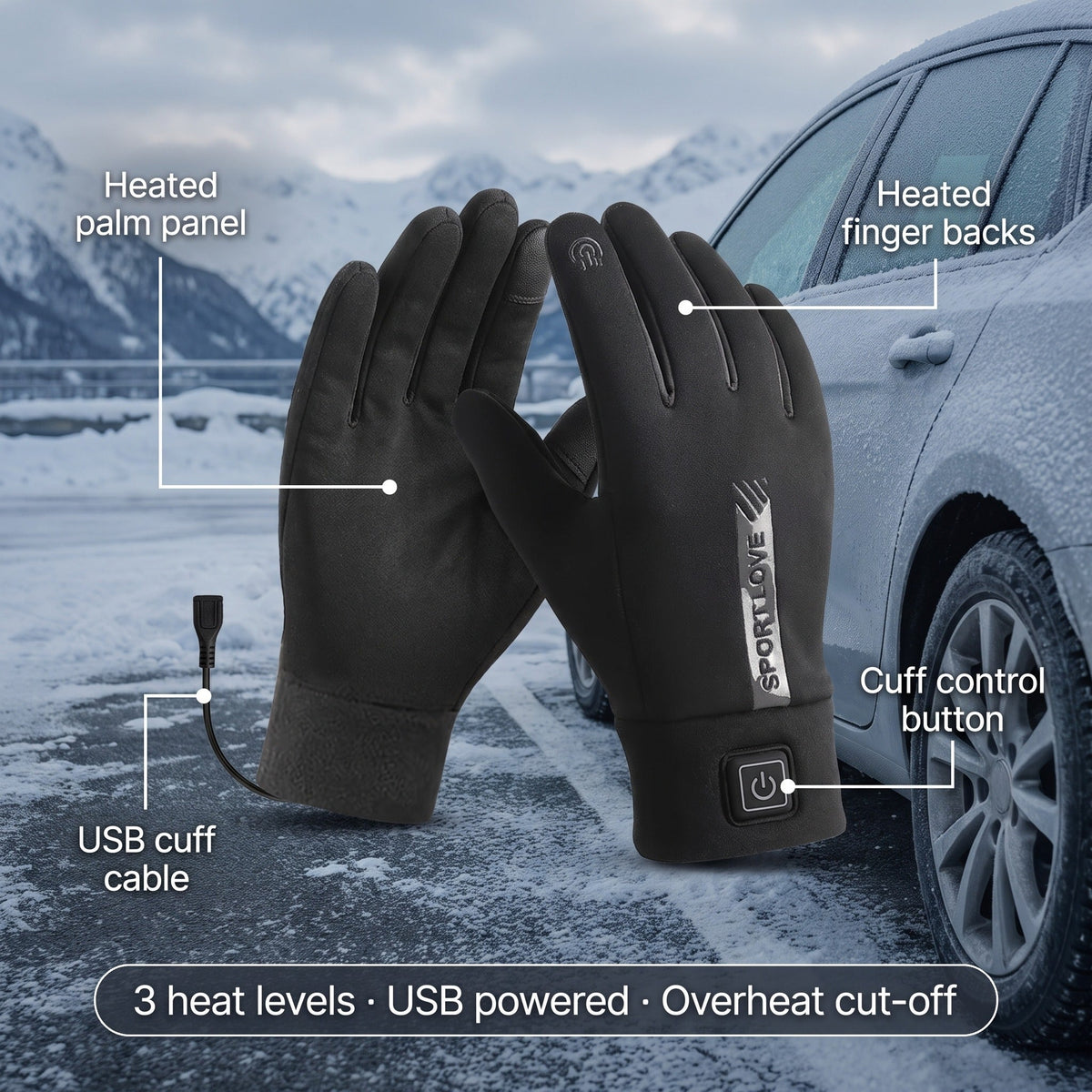 Guantes calefactables USB de doble lado con 3 niveles de calor y temporizador