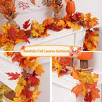 Guirnalda de hojas de otoño con hojas de arce artificiales, 2 metros, hojas de tela y plástico de 9-10 cm para puertas, 